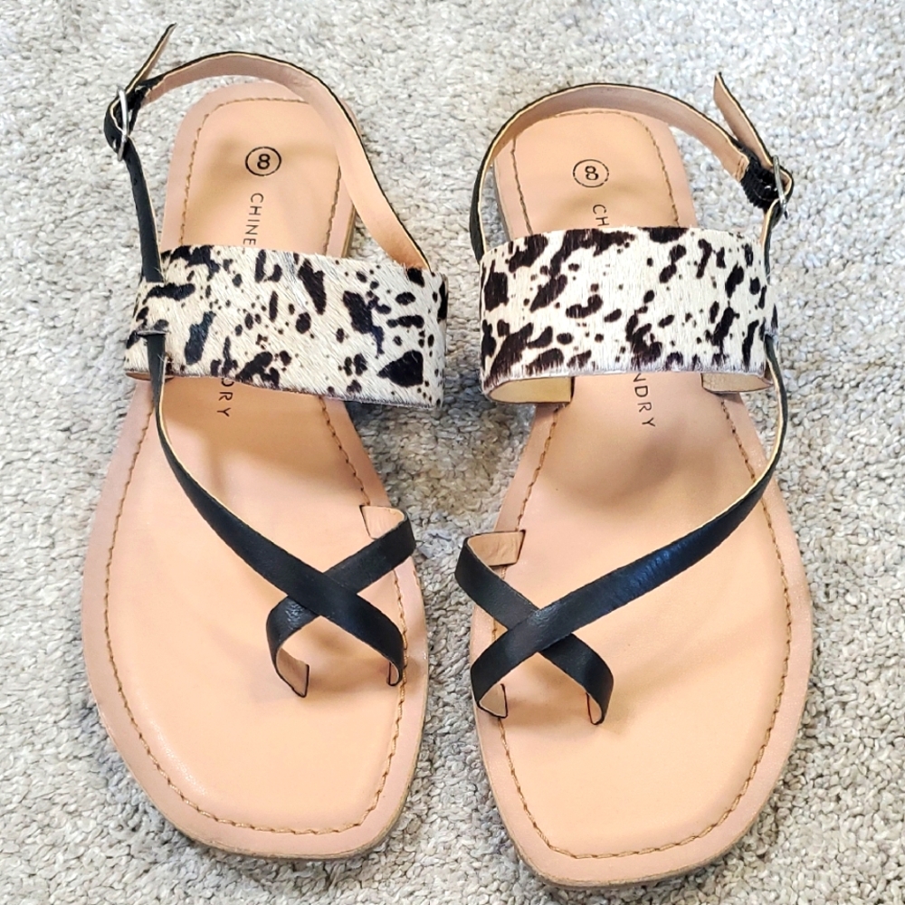 Chinese Laundry Black and Tan Sandals W/ Cow Print Strap. Excell. Cond. Size 8